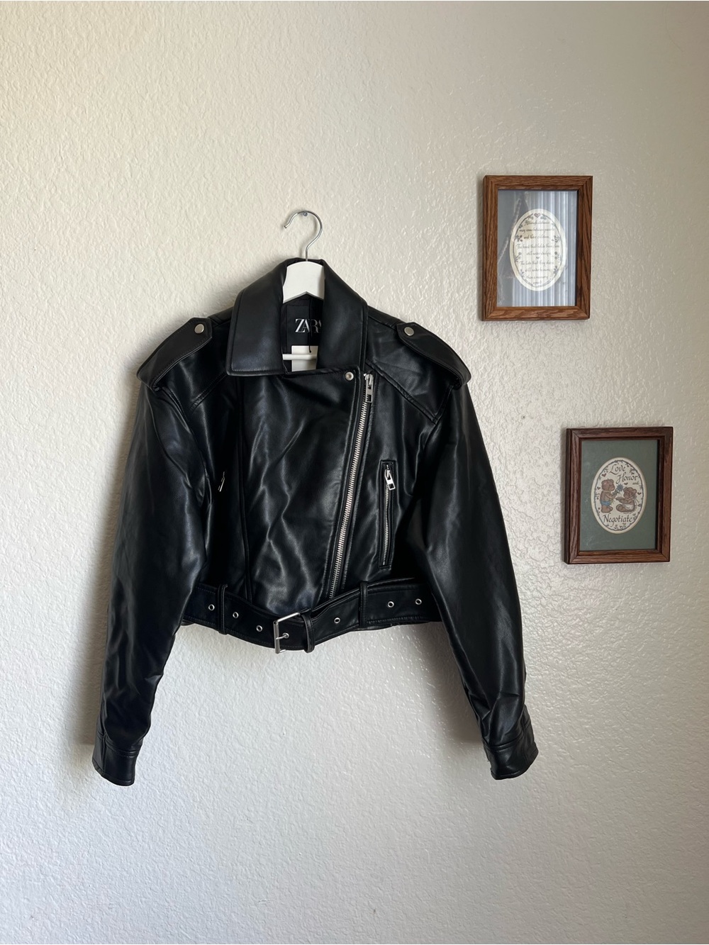 NWT Zara Faux Leather Cropped Biker Jacket Black Size S Ref 4341/797